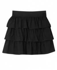 The standard black skirt gets an upgrade from BCX with ruffles and elastic at the waist for when she needs to be a quick-change artist.