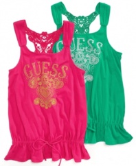 Looking stylish is a cinch when she's rocking this crochet-back tank from Guess. Looks great on its own or with a cozy cardigan on top.