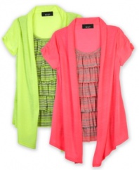 Wrap her in ruffles. When the temperature dips, this layered neon cozy shirt from BCX adds a cozy extra layer.
