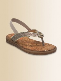 A sparkle thong strap on a cork-lined footbed, delightfully adorned with a rhinestone signature medallion.Sparkle fabric upperRhinestone medallionMetallic faux leather pipingBack elastic strap for easy fitPadded insoleComposite rubber soleCork footbedImported