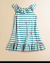 Sweet bows, stripes and flirty ruffles are the perfect frilly, feminine adornments for this a-line frock.Ruffled jewelneckSleevelessPullover styleA-line silhouetteRuffled hem51% modal/49% cottonMachine washImported
