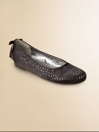 Crafted in a classic ballet flat silhouette in shiny satin with a bit of bling, a decorative bow and rhinestones.Slip-onSatin upperFaux leather liningRubber solePadded insoleImported