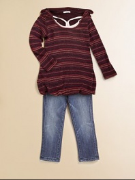 This smartly striped, tunic-length hoodie has a touch of sparkle in its tonal knit, plus a fun bubble hem and a camisole-look inset at the neckline.Attached hoodScoopneck with layered-look cami insetLong sleevesBubble hem98% rayon/2% LurexMachine washImported