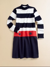 Rendered in ultra plush cotton, a striped mockneck top is connected to a solid skirt by a contrasting belt detail.MockneckLong sleevesPullovers styleDrop-waist with belt detailFull skirtCottonMachine washImported