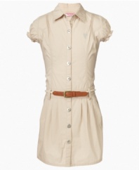 Fresh fashion. Smocked ruffles on the sleeves and a preppy accessory belt accent this shirtwaist dress from Guess, making it a lovely look for summer.