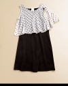 Itsy bitsy polka dots lend personality to a not-so-basic frock with an airy, layered-look bodice.RoundneckSleevelessPullover styleBodice has ruffled hemContrast: 68% polyester/30% rayon/2% spandexSolid: PolyesterHand washMade in USA