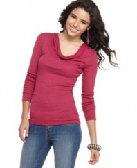 An essential tee with a twist, from Planet Gold. The cowl neckline and lightweight fabric make it perfect for layering!