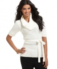 This fitted sweater dress from Sequin Hearts is absolutely adorable with a crochet bodice and self-tie. Pair it with jeans for a casual, daytime look.