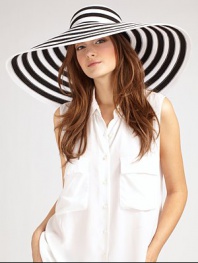 Bold stripes are eye-catching on this oversized wide brim style that's perfect for many occasions.Elasticized inner band fits most Brim, about 8 wide 95% polypropylene/5% polyester Spot clean Made in USA of imported materials 