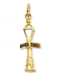 Incorporate the charm of New Orleans into your look. Crafted in 14k gold, charm features the words Boubon Conti engraved on the surface and an iconic street lamp. Chain not included. Approximate length: 1-1/10 inches. Approximate width: 4/10 inch.