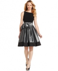 SL Fashions' petite A-line dress features a contrasting bodice and hemline and a generous self-tie bow at the waist. A V-neckline at the back takes the look for a dramatic dip!