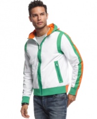 Show off your sporty side with this zip front hooded jacket from INC International Concepts.