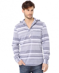 Pull of the rugged look with style in this striped, hooded shirt from Buffalo David Bitton.