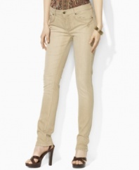 A chic skinny silhouette lends contemporary polish to Lauren Jeans Co.'s unique embroidered petite denim jean, rendered with stretch for a flattering fit.