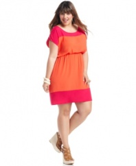 Land an über-cute look with Soprano's short sleeve plus dress, highlighted by on-trend colorblocking!