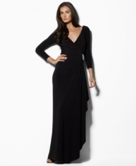 Effortlessly stunning in a glamorous floor-length silhouette with an elegant knot detail at the front, this petite Lauren by Ralph Lauren dress is rendered in light, airy matte jersey for graceful movement.