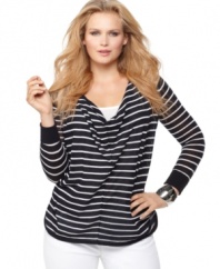 Look stunning in stripes with MICHAEL Michael Kors' long sleeve plus size sweater, accented by a draped neckline.