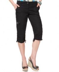 Style&co.'s petite capris get a shot of sparkle from a studding cargo pocket and extra stylish oomph from ruched drawstring cuffs. Leg-lengthening wedges or jeweled sandals complete the look!