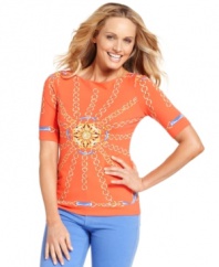 Elevate your wardrobe with Charter Club's vibrant petite top, complete with a classic status print. Make the colors really pop when you pair it with bright bottoms!