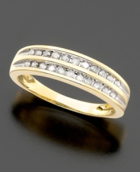 A double row of round-cut, channel-set diamonds (1/5 ct. t.w.) gives this band extra sparkle. Diamond ring set in 14k gold.