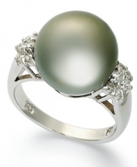 Perfectly elegant. A single Tahitian pearl (12-13 mm) stands out against an array of round-cut diamonds (1/4 ct. t.w.). Ring crafted in 14k white gold.