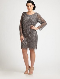 Certainly striking, this sequined shift has a curve-flattering fit. The sexy sheer sleeves offer arm coverage and the plunge back is irresistible. Round neckSheer sleevesPlunge backConcealed back zipperAbout 24 from natural waistPolyesterSpot cleanImported