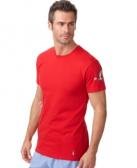 A classic crew neck short-sleeved T-shirt is constructed for lightweight comfort in soft combed cotton jersey.