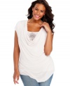 Drape yourself in the flattering fit of Seven7 Jeans' short sleeve plus size top, featuring an embellished inset.