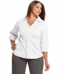A pintucked waist creates a slenderizing silhouette to Alfani's three-quarter sleeve plus size shirt-- snag it for your work wardrobe! (Clearance)