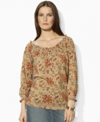 Lauren by Ralph Lauren's rustic-inspired floral pattern and smocked details lend bohemian appeal to a soft cotton petite top.