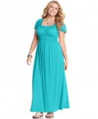 Sport one of the season's hottest trends with Love Squared's short sleeve plus size maxi dress, spotlighting a slimming empire waist.
