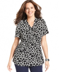 Snag safari style with Alfani's short sleeve plus size top, finished by a giraffe print-- pair it with your go-to casual bottoms.