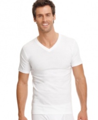 Sometimes clothing speaks for our being. Lucky for you, this v-neck tee provides a tell-all look into your keen sense of comfort, practicality and style. Classic design and cool, cotton fibers come together for a great look with a relaxed, lightweight fit. Features a tag-free, reinforced collar for shape retention. This everyday staple works well under anything; mix with dress clothes and look your best in a suit and tie.