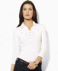 A classic petite polo silhouette gets a feminine update with a woven placket and chic three-quarter sleeves, from Lauren by Ralph Lauren.