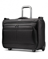 Sleek, slender & streamlined, this garment bag is built ultra-lightweight with a book-opening design that gives you easy access to all of your belongings and also packs in even more without weighing you down. Multiple interior pockets provide exceptional organization, while smooth-gliding wheels make it easy to take your wardrobe on the go. 10-year warranty.