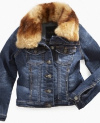 Dainty denim. A faux fur collar on this jacket from Jessica Simpson adds cute detail a classic look.