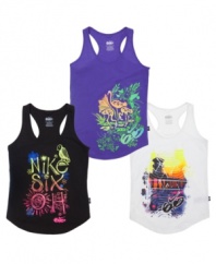 Sporty. She'll own the courts thanks to this breathable tank with neon graphic prints from Nike 6.0. (Clearance)