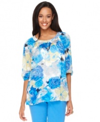 A blooming print illuminates Charter Club's three-quarter sleeve plus size top for season-perfect style.