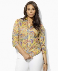 A vibrantly hued plus size floral shirt is crafted from soft cotton sateen and finished with three-quarter sleeves and chic fold-back cuffs for a bold, tailored look from Lauren by Ralph Lauren.