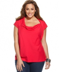 A draped neckline lends a unique feel to DKNYC's cap sleeve plus size top-- pair it with your favorite jeans!