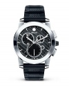 Movado's Vizio® chronograph has a carbon fiber-textured black rubber strap. Solid stainless steel case with tungsten carbide bezel. The black carbon fiber dial has applied markers.
