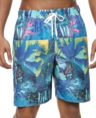 With classic beach style and a breezy print, these Newport Blue swim trunks are just right for beach days.