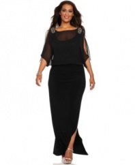Xscape's plus size evening gown is sheer modern elegance with its split sleeves, blouson-style bodice and beaded embellishments. A slit at the front leg was made to show off a pair of strappy heels.