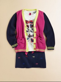 She'll go back to cool in this beautiful, colorful knit with bow-adorned patch pockets and front button closure.V-neckLong sleevesButton-frontPatch pocketsCottonMachine washImported Please note: number of buttons may vary depending on size ordered. 