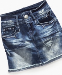 Distressed detailing and rhinestud accents kicks her denim style up a few notches with this skirt from Baby Phat.