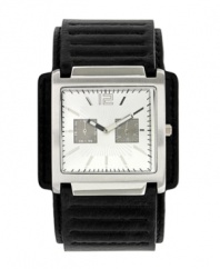 Get there on time with this contemporary cuff watch by Unlisted. Black ribbed leather strap and square silver tone mixed metal case. Silver tone dial features numeral at twelve o'clock, stick indices, minute track, two square multifunctional subdials and two hands. Quartz movement. Splash resistant. Two-year limited warranty.