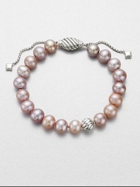From the Spiritual Bead Collection. Luminous pink freshwater pearls on a sterling silver box chain with sterling silver cabled bead accents. 8mm pink freshwater pearlsSterling silverDiameter, about 7.75 adjustableBead closureImported 