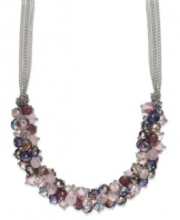 Floral hues and pretty sparkle, from c.A.K.e. by Ali Khan. This lovely necklace features rosette and multi-colored glass bead clusters with a multi-chain silver tone mixed metal setting. Approximate length: 18 inches + 3-inch extender.