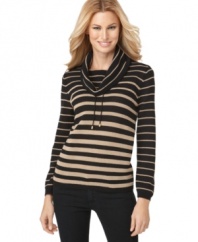 Jones New York Signature infuses this petite sweater with a look of casual luxe, featuring a cowl neckline adorned with a functional drawstring and a variegated stripe pattern that nods to the nautical. (Clearance)