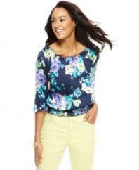 A petite peasant top is enlivened by a romantic floral print in this look from Charter Club. Go for an on-trend outfit when you pair it with pants in a vibrant hue!